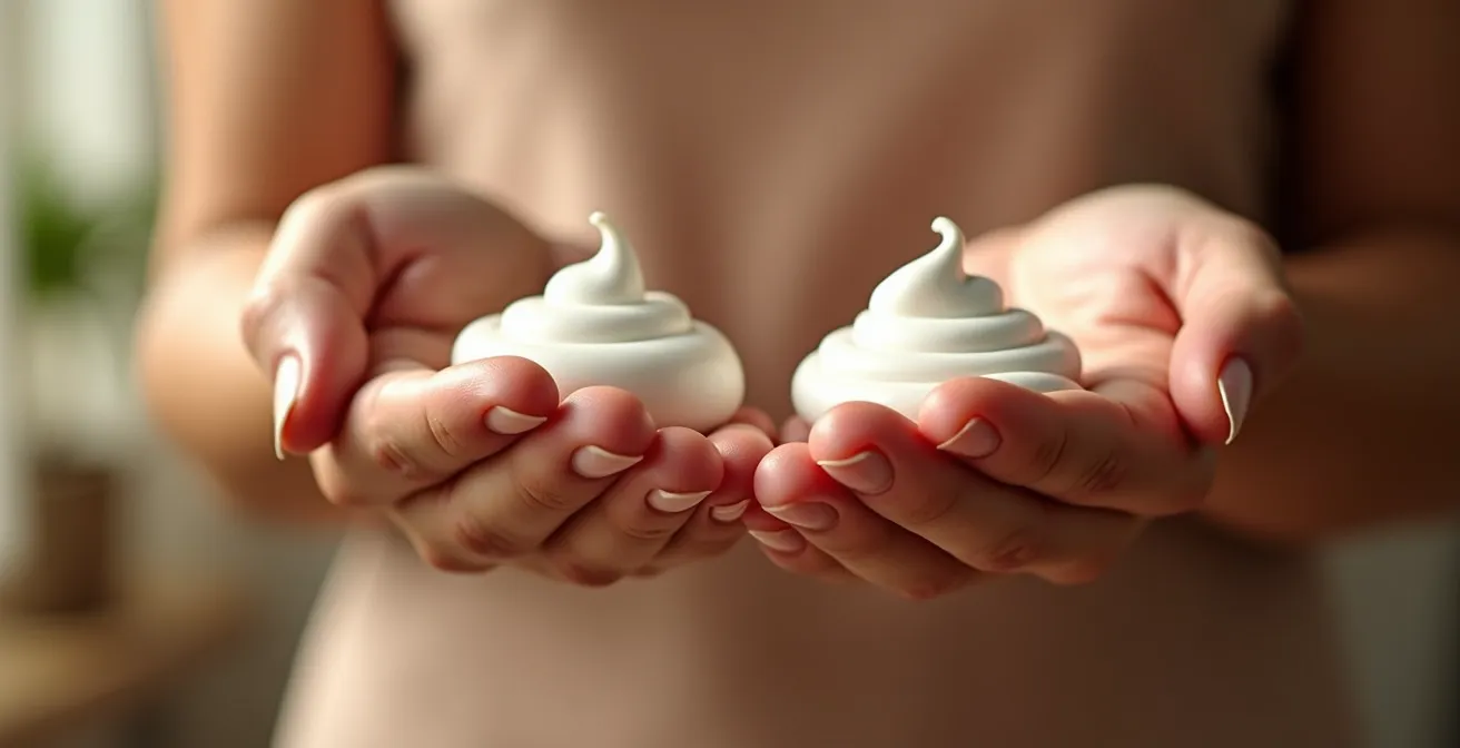 Axe Humain & Émotionnel : Mains tenant et comparant deux textures de soins capillaires naturels