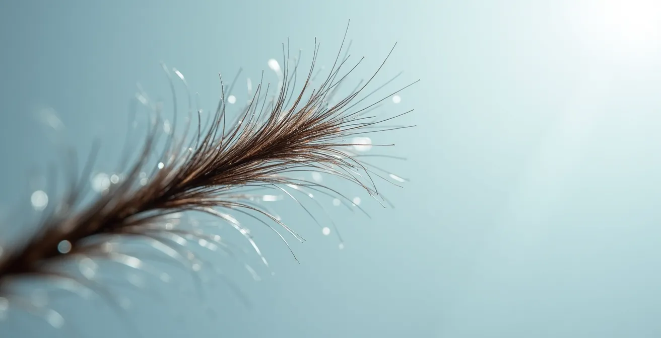 Axe Macro & Textural : Détail extrême d'une mèche de cheveu sous microscope montrant la cuticule