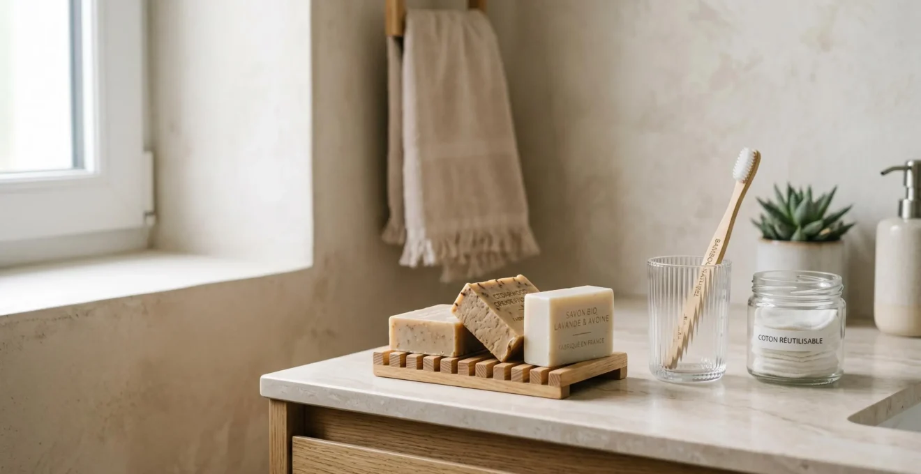 Comptoir de salle de bain moderne avec savons solides artisanaux naturels sur porte-savon en bois, brosse à dents bambou et bocal de cotons réutilisables