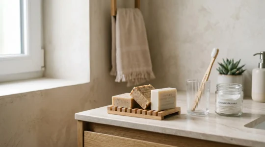 Comptoir de salle de bain moderne avec savons solides artisanaux naturels sur porte-savon en bois, brosse à dents bambou et bocal de cotons réutilisables