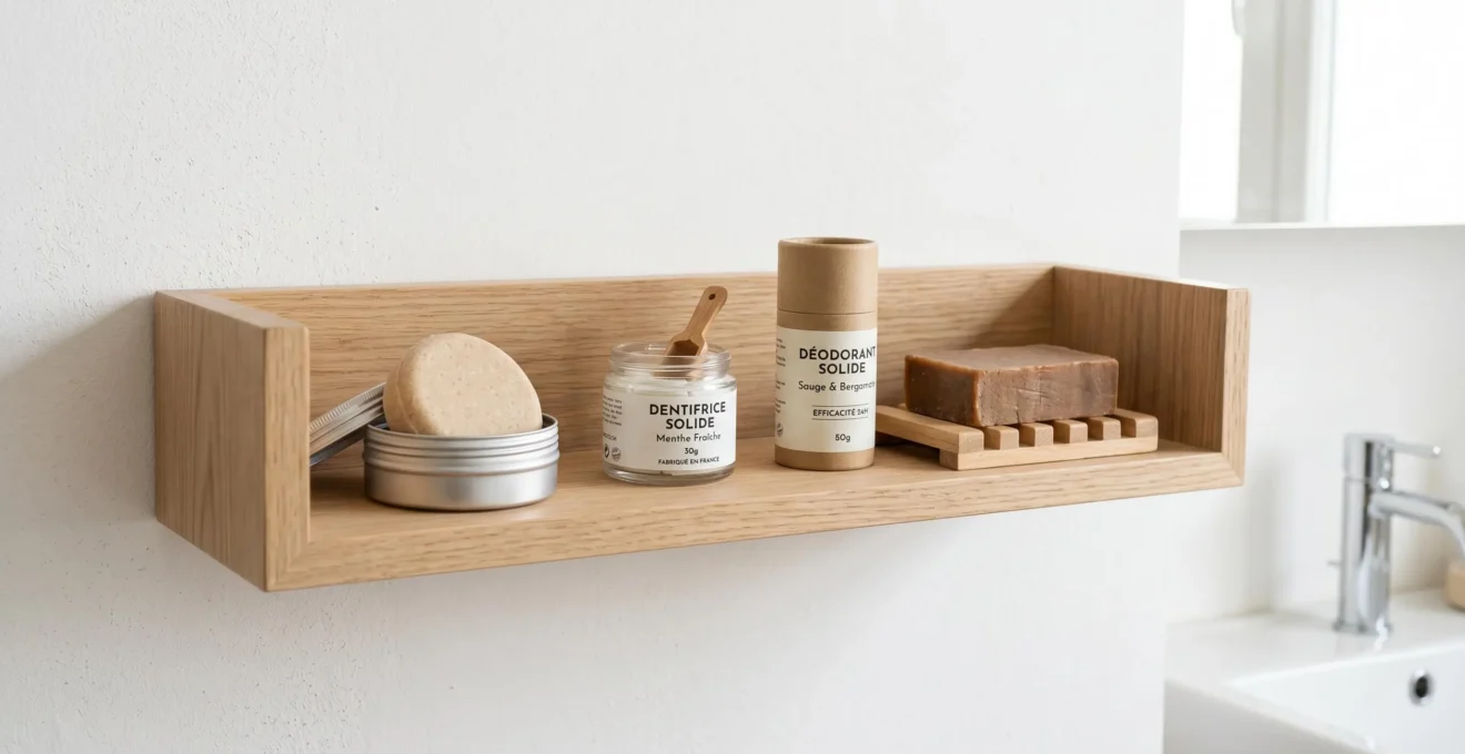 Étagère en bois clair avec alignement de cosmétiques solides variés : shampoing rond, dentifrice en pot verre, déodorant stick et savon surgras
