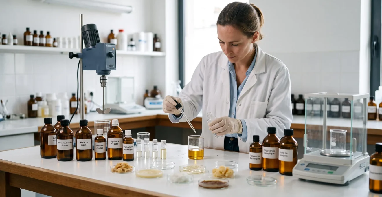 Formulatrice cosmétique manipulant différents types d'émollients dans un laboratoire de formulation