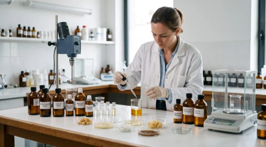 Formulatrice cosmétique manipulant différents types d'émollients dans un laboratoire de formulation