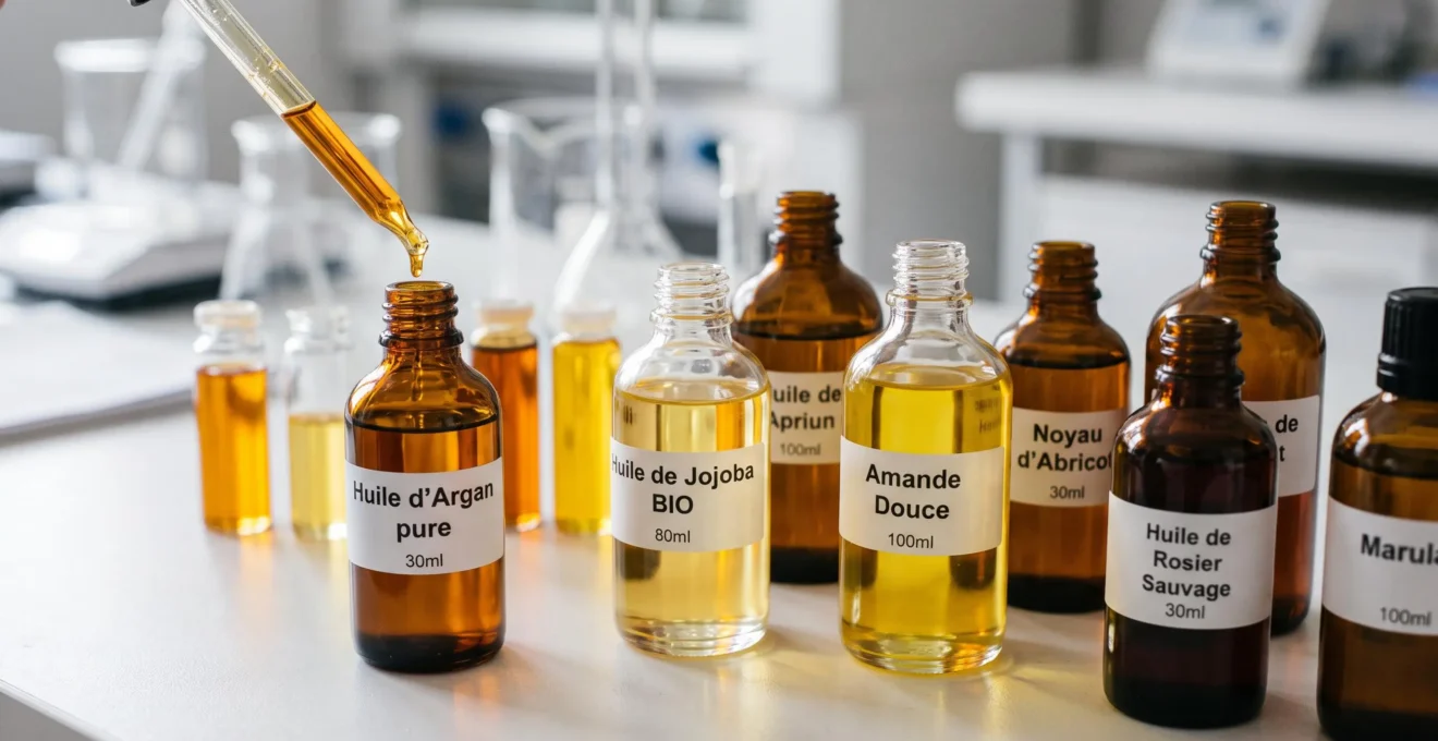Huiles végétales cosmétiques dans des flacons de laboratoire avec pipette prélevant l'huile
