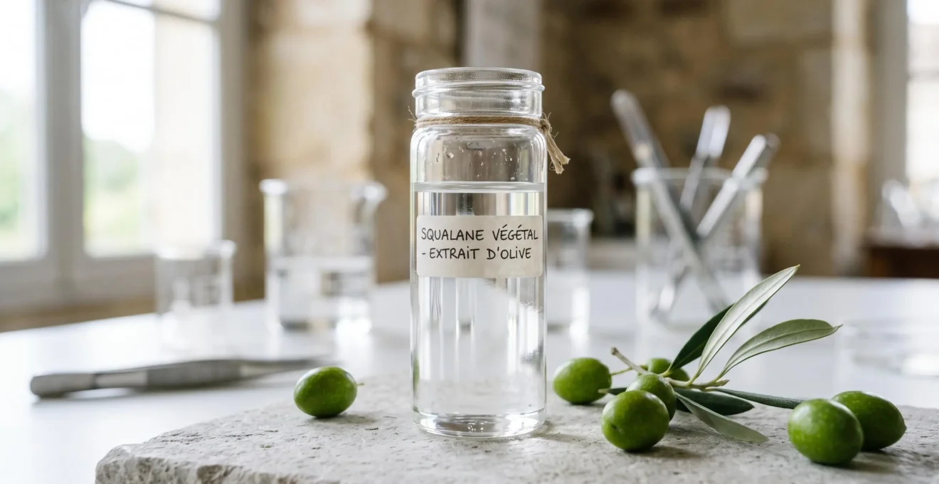 Squalane végétal dans un contenant de laboratoire avec olives fraîches illustrant son origine végétale