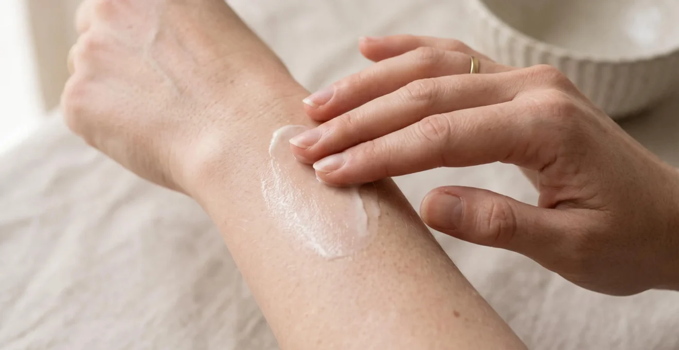 Main testant la texture d'un émollient cosmétique sur la peau lors d'une évaluation sensorielle